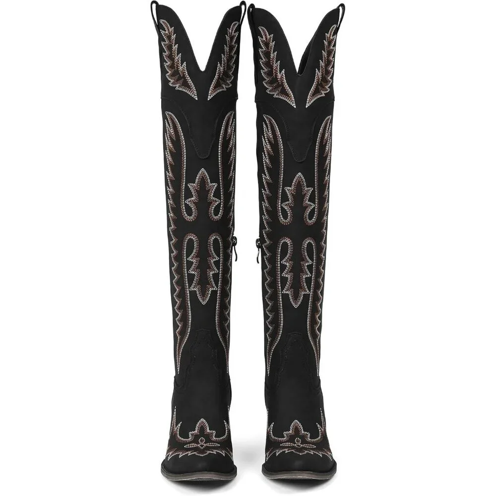 Women Over The Knee Western Boots Classic Embroidered Chunky Heel Slip On Black